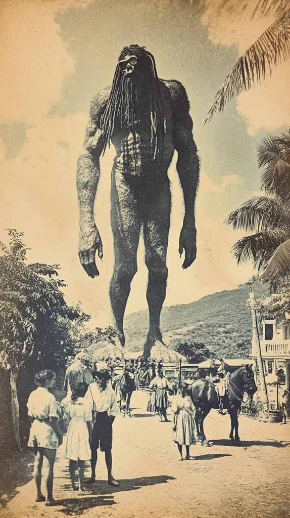 The image is a vintage postcard depicting a large, hairy, humanoid creature with dreadlocks and sunglasses standing on a hillside. It appears to be a fictional monster, possibly Bigfoot or a similar creature. The postcard is faded and worn, with a yellowish tint. The monster is standing above a small village or town, where people are going about their day. The image evokes a sense of wonder and a hint of fear.