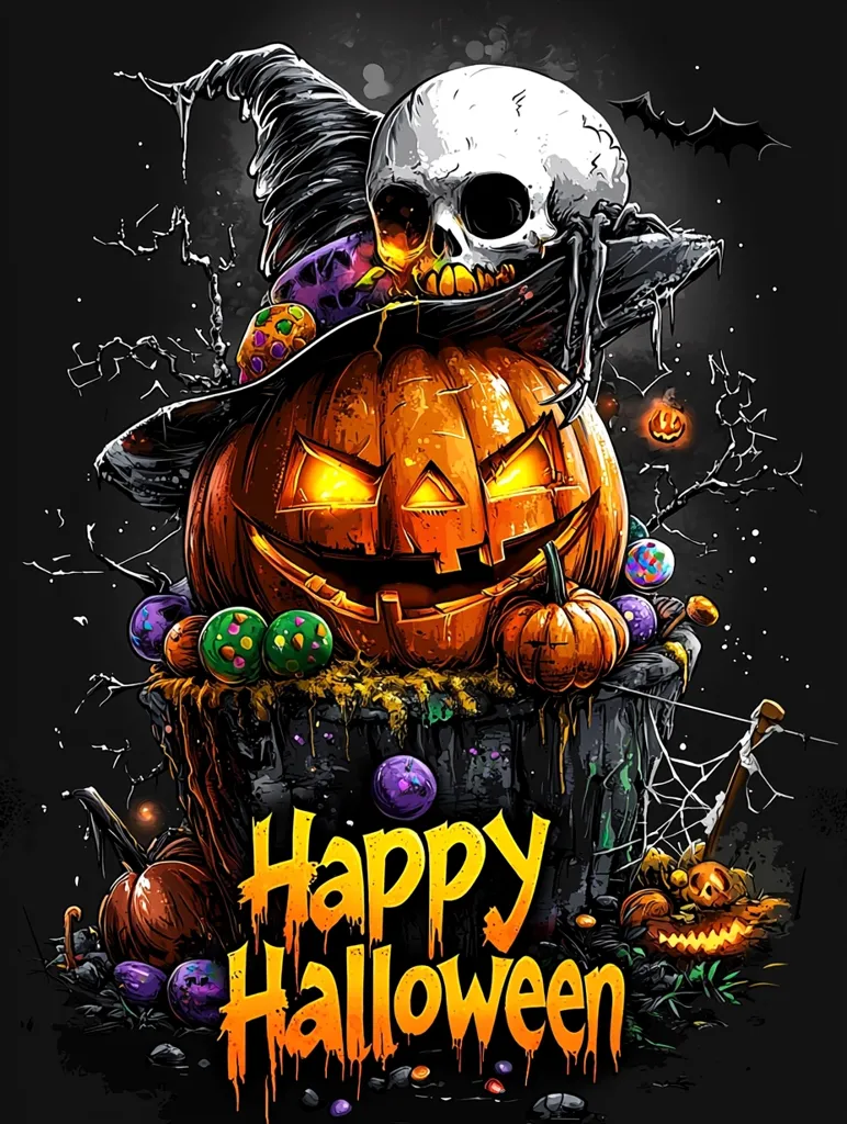 A spooky Halloween scene with a jack-o'-lantern, a witch's hat, and a skull. The jack-o'-lantern is the centerpiece, with the witch's hat resting on top. The skull is partially hidden behind the hat, but its eerie grin is visible. The scene is surrounded by other Halloween decorations, including bats, spiderwebs, and candy. The words "Happy Halloween" are written in a dripping font below the pumpkin.  The overall effect is one of spooky fun and festive cheer.