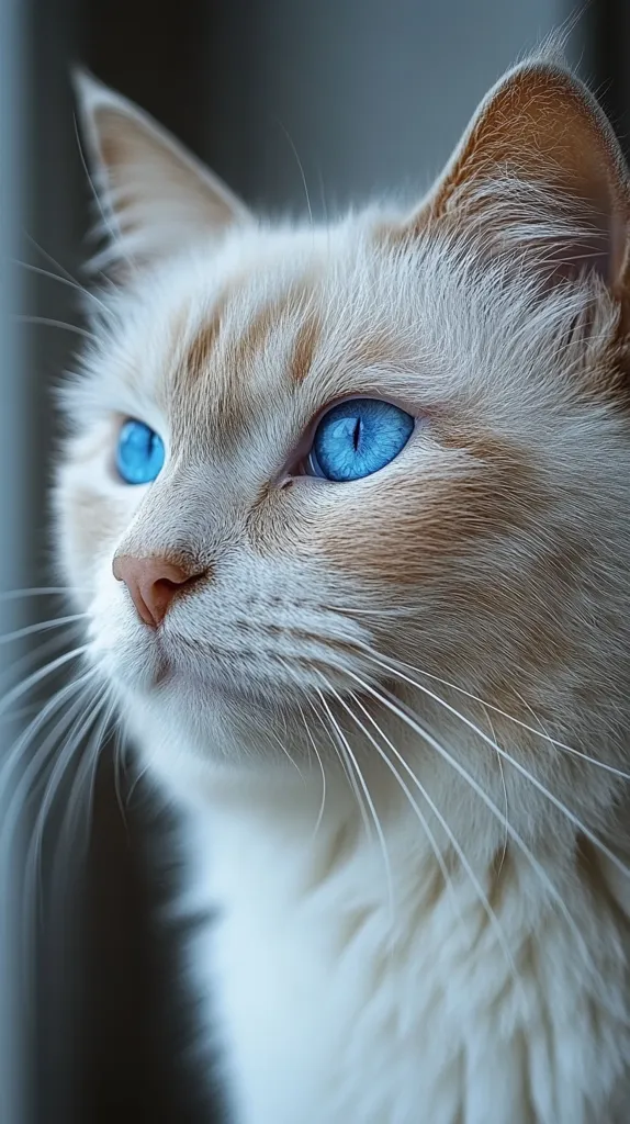 A close-up portrait of a white cat with piercing blue eyes. The cat's fur is soft and fluffy, and its whiskers are long and delicate. The cat's expression is alert and inquisitive. The background is blurred, creating a sense of depth and focus on the cat.  The photo captures the beauty and grace of a feline.