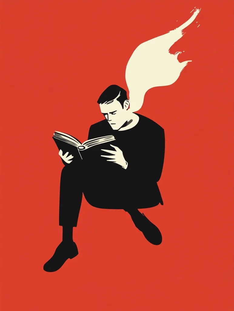 A man in a black outfit sits on a bright red background, engrossed in a book. He is surrounded by a white, abstract shape reminiscent of a flame or cloud,  giving a sense of movement or dynamism.  The image evokes a feeling of  absorption in reading, potentially symbolizing the power of literature or the escape it provides.