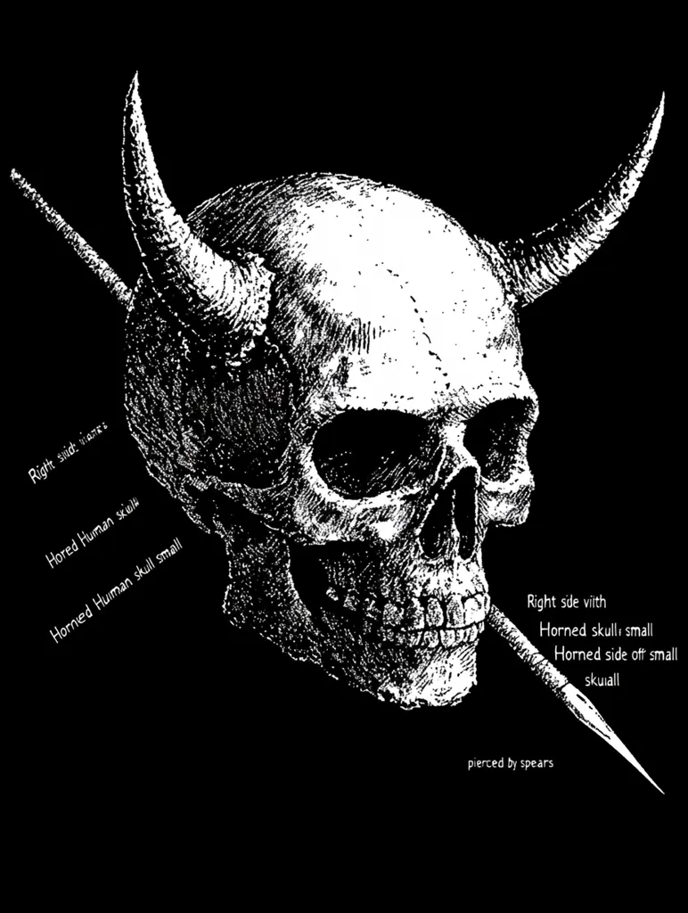 The image depicts a skull with horns on a black background. The skull is detailed, with visible teeth and eye sockets. The horns are curved and point upwards. The skull appears to have been pierced by two spears, one of which is sticking out of the right side of the skull. The image has a dark and macabre feel.  The text labels indicate that the skull is on the right side and is described as a "horned human skull small". The text also states that the skull is "pierced by spears".