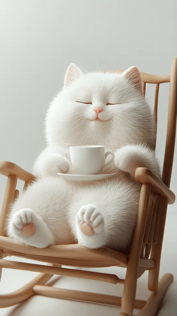 A fluffy white cat sits in a wooden rocking chair, holding a white teacup and saucer. The cat has its eyes closed and is smiling, suggesting it is enjoying a moment of peaceful relaxation. The cat's soft fur and the warm wooden tones of the chair create a cozy and inviting atmosphere.