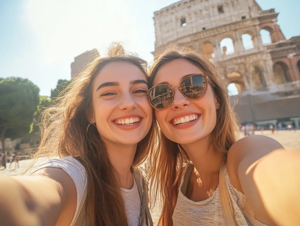 Two young women are taking a selfie in front of the Colosseum in Rome. They are both smiling brightly, and the woman on the right is wearing sunglasses. The sun is shining brightly, and the background is a blur of tourists and the iconic Roman landmark. The photo captures the joy and excitement of travel and adventure.