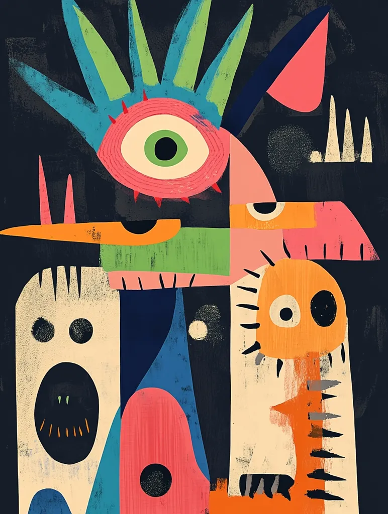 The image is a vibrant abstract painting composed of geometric shapes and bold colors. It features a central figure with a large eye, a spiky head, and a long, pointed beak. The figure is surrounded by other abstract shapes, including a small orange creature with a single eye, and a large, white shape with a black mouth. The background is dark and textured, adding depth and dimension to the composition. The overall effect is chaotic and dynamic, with the colors and shapes interacting in an energetic and playful way.