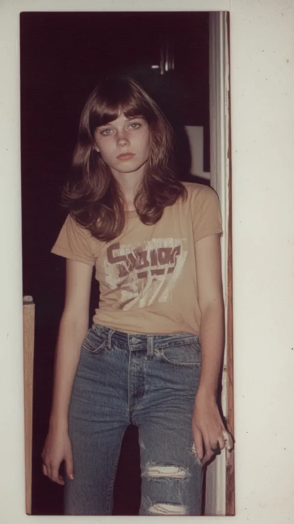 The photo shows a young woman with long brown hair, wearing a tan t-shirt with a brown graphic and blue jeans with rips in the knees. She's standing in a doorway, looking slightly away from the camera, her expression is neutral. The photo seems to be taken in a dark room, creating a vintage feel. The image captures a moment of quiet contemplation and youthful energy.