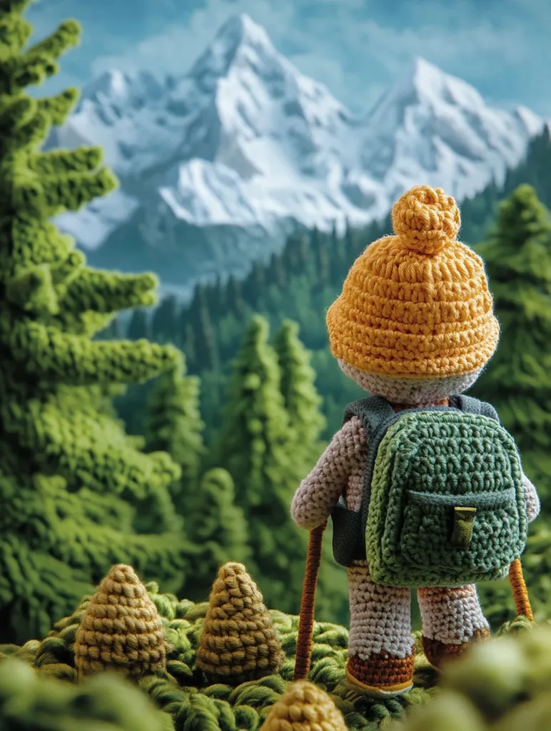 A crocheted figure of a hiker stands in front of a lush green forest and a snow-capped mountain range. The hiker wears a yellow hat, a green backpack, and holds a pair of hiking sticks. The scene captures the beauty of nature and the spirit of adventure.  The figure is made with intricate crocheting details, adding a touch of whimsy to the scene.  The soft focus of the mountains creates a sense of depth and vastness, making the figure look small and insignificant in comparison. The overall effect is a peaceful and serene image.