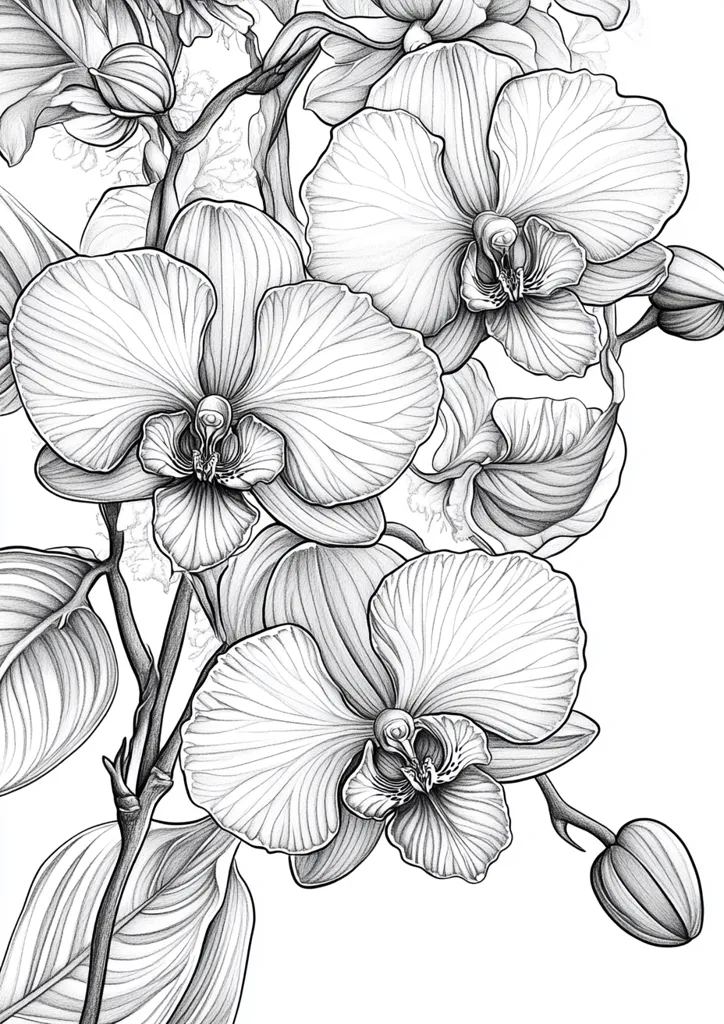 The image is a detailed pencil drawing of a cluster of orchid flowers. The drawing is done in black and white, with intricate details of the petals, leaves and stem. The orchids are depicted in various stages of bloom, with some fully open and others still in bud.  The delicate lines and shading create a sense of depth and texture, highlighting the beauty and fragility of the flowers.  The composition is dynamic, with the flowers cascading down the page, creating a sense of movement and life.  The drawing captures the elegance and grace of the orchid, making it a beautiful and captivating piece of art.
