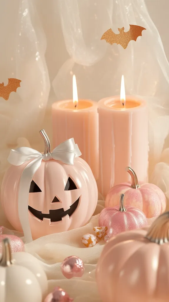 A pink and white Halloween scene featuring a pink pumpkin with a white bow, two lit pink candles, and several other pink pumpkins. The scene is decorated with sparkly bats and scattered glitter.  The background features soft, white fabric.