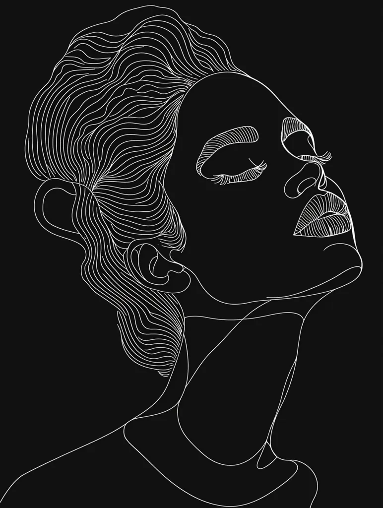 The image is a line drawing of a woman's face and upper body.  Her eyes are closed, and her mouth is slightly open. Her hair is styled in a wave. The drawing is done in white on a black background, creating a high contrast image.  The woman's expression is one of serenity and peace.  The lines of the drawing are simple yet elegant, highlighting the beauty of the woman's face.  The use of line creates a sense of movement and flow, as if the woman is about to speak or smile.  The overall effect is one of beauty, grace, and tranquility.