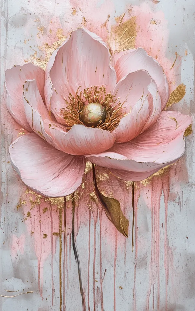 A single pink flower with delicate petals, painted in a realistic style, dominates the center of the canvas. The flower’s center is highlighted with gold paint, adding a touch of luxury. The background features a light gray color with splashes of pink and gold, creating a dreamy and ethereal effect. Drips of pink and gold paint add a sense of movement and texture, enhancing the overall artistic impression.