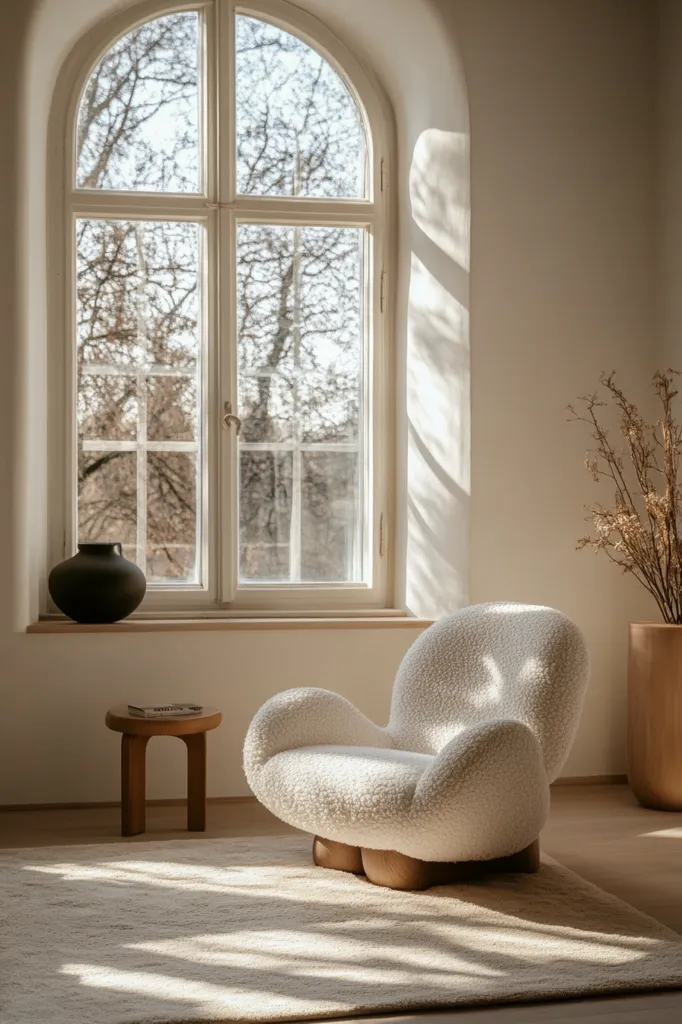 A white, fluffy armchair sits on a beige rug in a sunlit room. The room has a large arched window, letting in natural light and casting shadows on the walls. A wooden side table with a small book sits next to the chair. The room is decorated in a minimalist style, with a calm and inviting atmosphere.