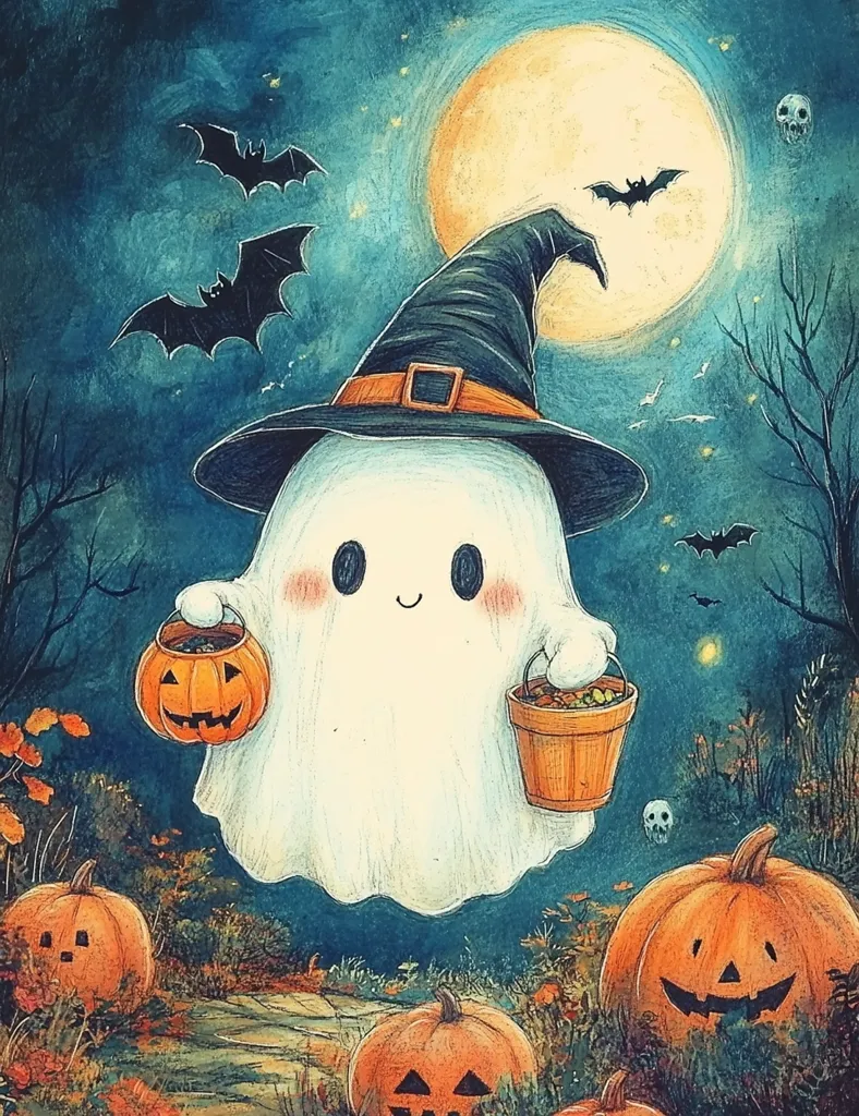 A friendly ghost, wearing a witch's hat, floats through a Halloween night. Bats fly overhead as a bright moon shines. The ghost carries a pumpkin and a bucket, seemingly trick-or-treating amongst pumpkins. The scene is rendered in a soft, whimsical style, with a warm, inviting atmosphere.