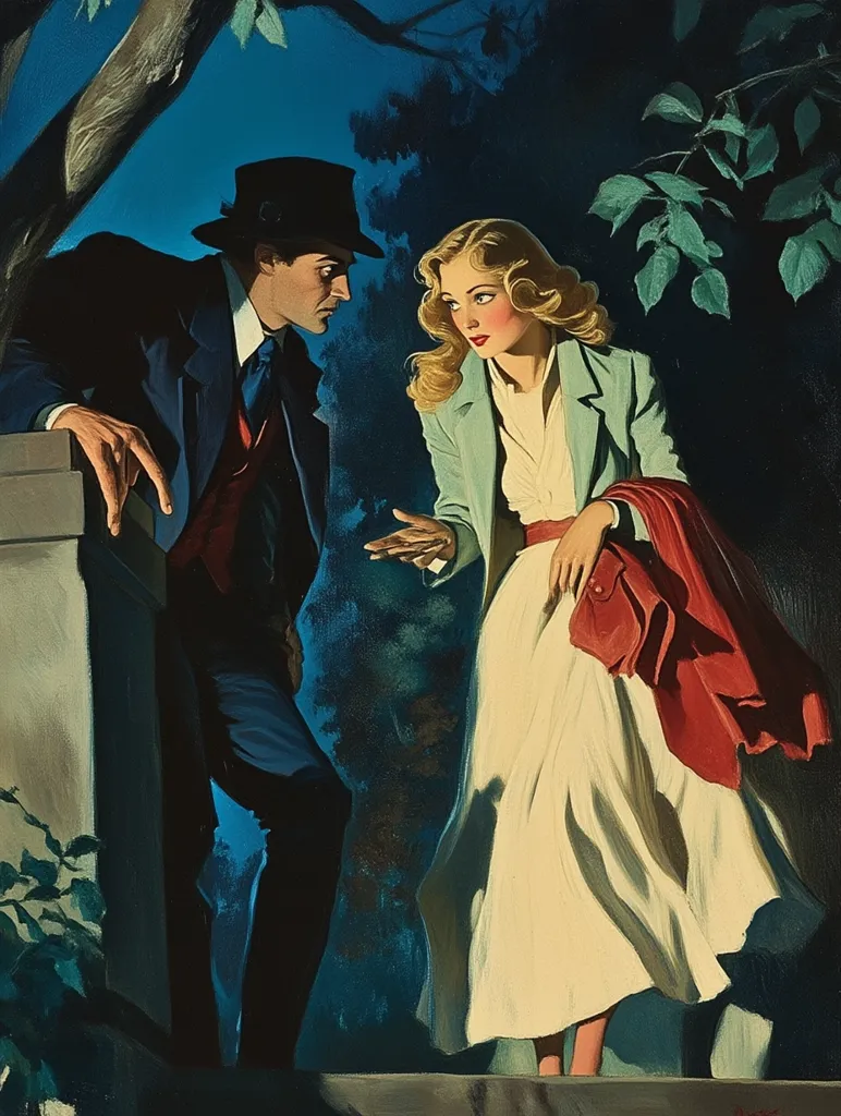 A man in a dark suit and hat stands on a stone ledge, his back to the viewer, looking at a woman.  The woman, dressed in a white dress and a blue coat, is turning away from him, her hand raised in a gesture of dismissal. The scene is set in a shadowy, nighttime setting, with foliage and branches framing the figures. The woman's expression is inscrutable, while the man's face shows a mix of disappointment and resignation. The overall mood is one of tension and uncertainty.