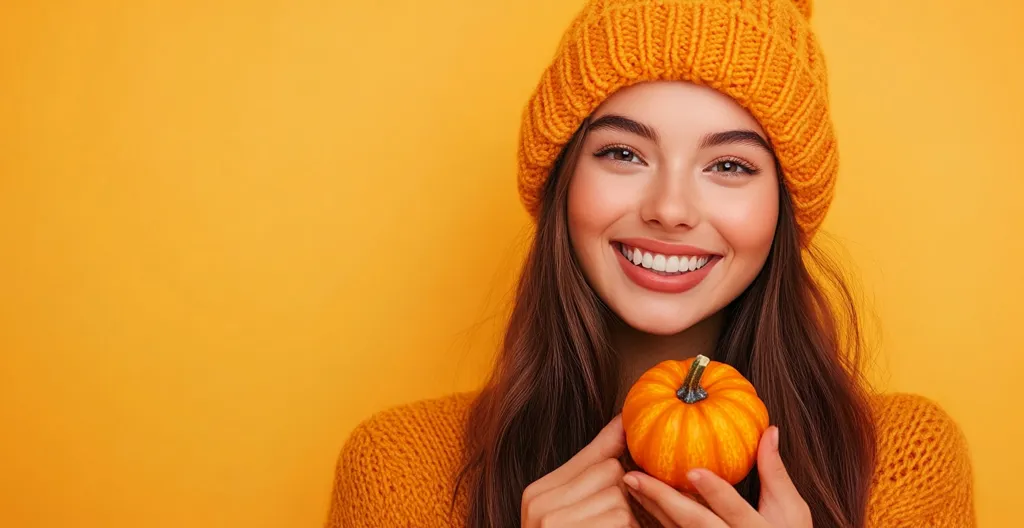 A young woman with long brown hair, wearing a bright orange knitted hat and sweater, smiles brightly while holding a small orange pumpkin in front of a solid orange background. The image evokes a sense of warmth, happiness, and the autumn season.