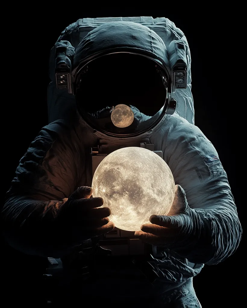 An astronaut, clad in a white spacesuit, holds a glowing, full moon in their gloved hands. The astronaut's visor reflects a smaller, orange moon. The dark background emphasizes the light emanating from the moon, creating a sense of awe and mystery. The image evokes a sense of wonder and the vastness of space.