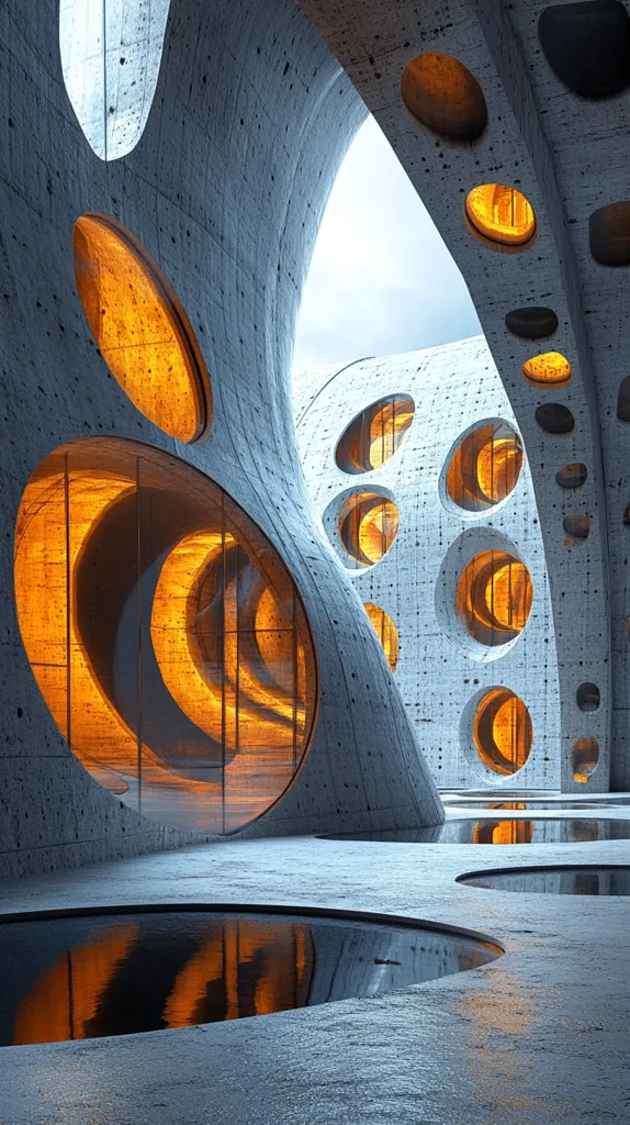 The image shows a modern architectural structure with a unique design. The building is made of concrete and features numerous circular openings that create a mesmerizing interplay of light and shadow.  The interior is flooded with warm, golden light, emphasizing the organic curves and the interplay of geometric shapes. The presence of water reflects the light, adding to the ethereal atmosphere of the space.  The overall impression is one of futuristic elegance and captivating beauty.