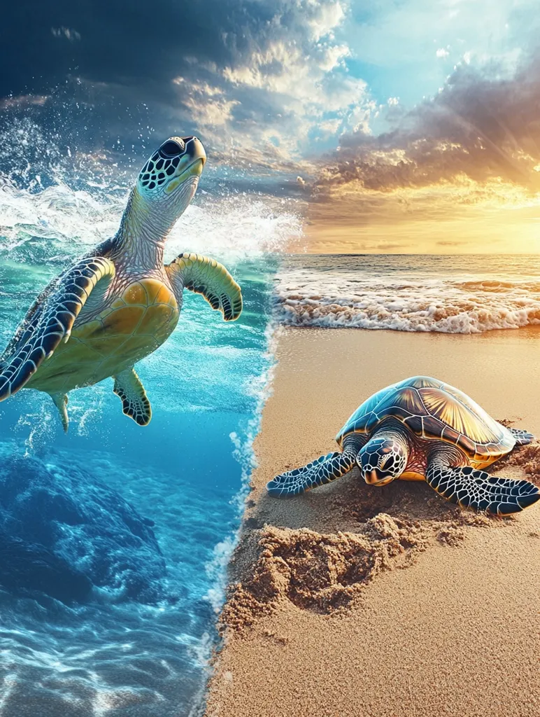 The image shows a split scene of a beach and ocean. On the left, a sea turtle swims gracefully through turquoise water, its flippers outstretched. On the right, a turtle rests on the golden sand, facing the viewer. The sky above is a vibrant mix of blue and orange, creating a breathtaking sunset backdrop.  The image captures the serene beauty of the ocean and its inhabitants.