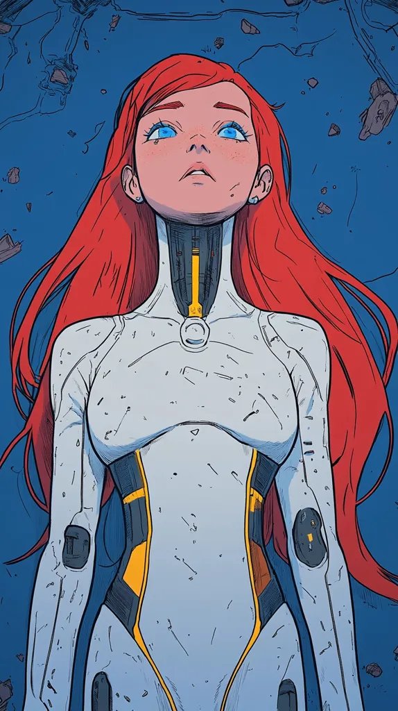 A woman with long red hair looks up at the sky. Her eyes are open, and her expression is serious. She is wearing a white, futuristic-looking suit with yellow accents. She appears to be standing in a desolate, rocky environment. The image is drawn in a cartoon style, with bright colors and bold lines.  The background is a dark blue, reminiscent of a night sky. The overall tone of the image is mysterious and slightly melancholic.