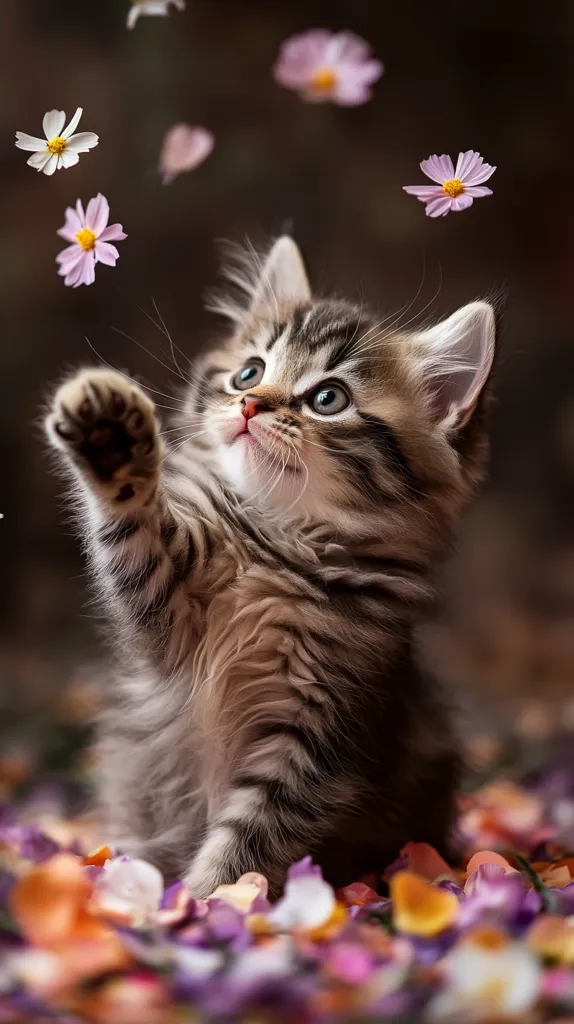 A fluffy grey and white kitten sits amidst a bed of colorful flower petals. It looks up with wide, curious eyes, its paw raised in mid-air, possibly reaching for a flower petal falling from above. The kitten's soft fur and playful posture create a charming and innocent image.