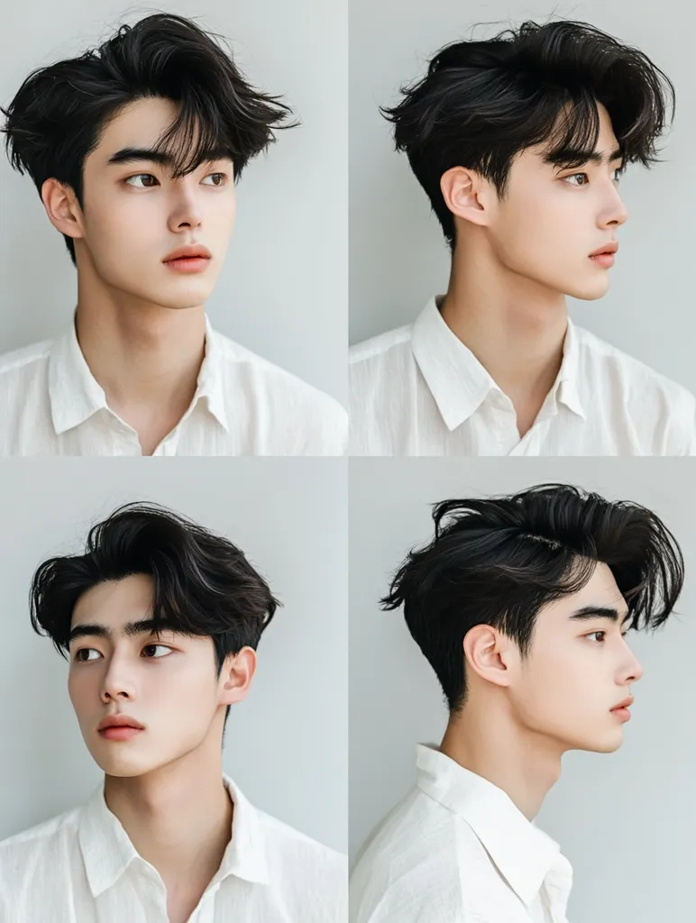 The image shows a young man with black hair styled in four different ways. He is wearing a white button-down shirt in each photo. The man has a sharp jawline and clear skin. The photos are taken against a plain white background. He appears to be looking directly at the camera in the first and third pictures, and to the side in the second and fourth pictures. His facial expressions are soft and serene.