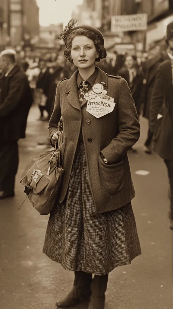 A woman in a brown coat and plaid skirt walks down a bustling city street. She is carrying a large bag and wearing a hat with a veil. There are other pedestrians in the background, but the woman is the focus of the image. The photograph is in black and white, and the woman's expression is serious. There is a sign above her head that says "ATT.FD.C.INGA."  The image evokes a sense of the past.
