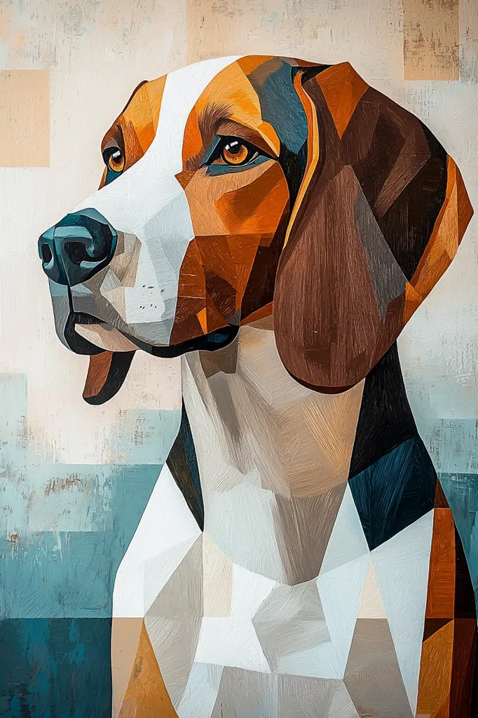 A painting of a beagle dog in a geometric style. The dog's face is turned to the left, with one ear up and the other down. The painting uses bold colors and sharp lines to create a striking and modern aesthetic. The background is a textured abstract pattern in shades of blue and white. The dog's fur is a mixture of brown, white, and black, and its eyes are a bright amber.
