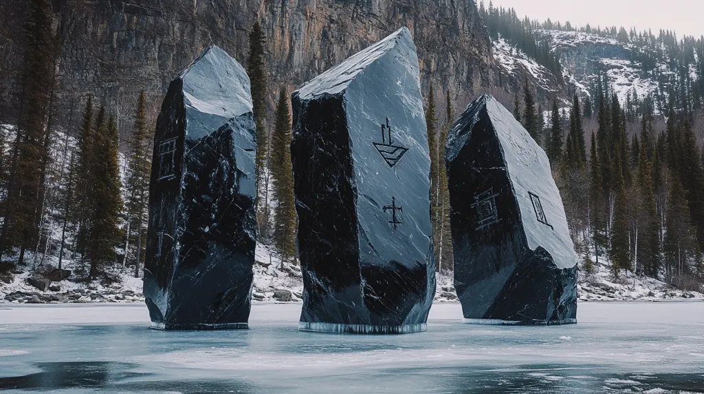 Three large, dark, rectangular stones stand upright in a frozen lake. They are carved with abstract symbols. A snowy forest and a rocky cliff are in the background. The scene is a mysterious and captivating winter landscape.