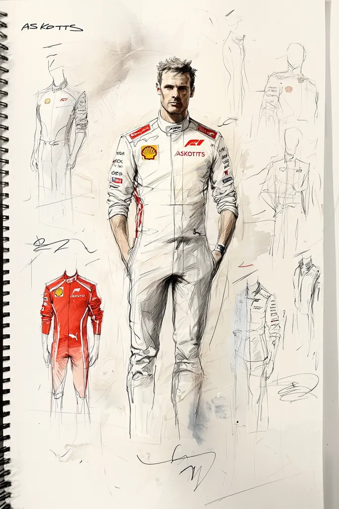 The image is a sketch of a man wearing a white racing suit with red accents, standing in a casual pose. The suit has the logos of sponsors including "Shell" and "Askotts".  The background is filled with sketches of other racing suits in various poses and styles,  suggesting this is a design process. The drawing is done in pencil, with some red and blue accents.  The overall impression is of a skilled artist capturing the dynamic and stylish world of racing.  The signature of "Askotts" is prominent at the top of the page.