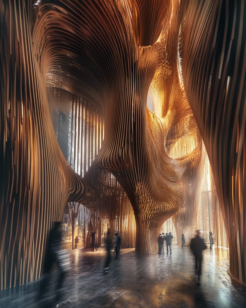 The image shows a modern architectural structure made of wood, resembling a winding, organic form. The wooden slats curve and twist, creating a sense of movement and depth. The structure is illuminated from within, casting warm, golden light throughout the space. Several figures are blurred in motion, walking through the interior, emphasizing the scale and grandeur of the architecture. The design evokes a feeling of both natural beauty and futuristic innovation.