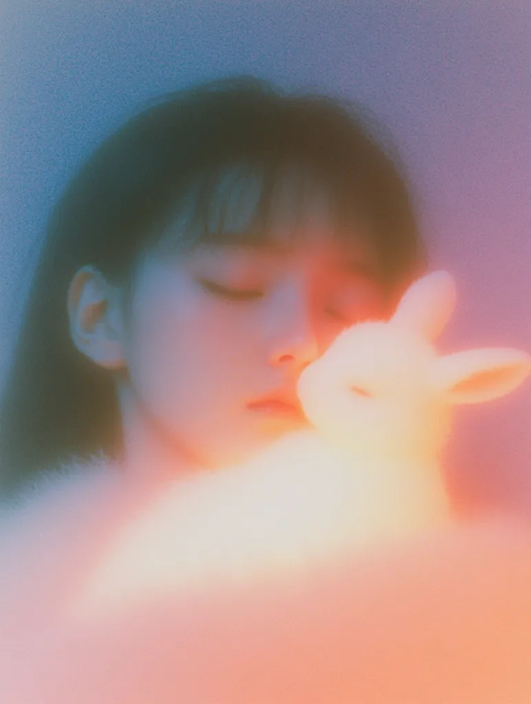 A young woman with dark hair and closed eyes holds a white rabbit to her face, the image is obscured by a soft, blurry light in shades of peach, yellow, and blue. The image has a dreamy and ethereal quality.