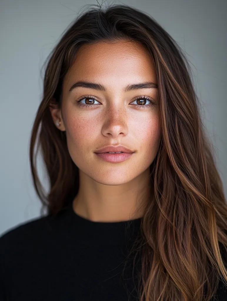 A young woman with long, wavy brown hair is looking directly at the camera. She is wearing a black shirt and has a neutral expression on her face. Her skin is clear and she has freckles. The background is a simple, light grey.