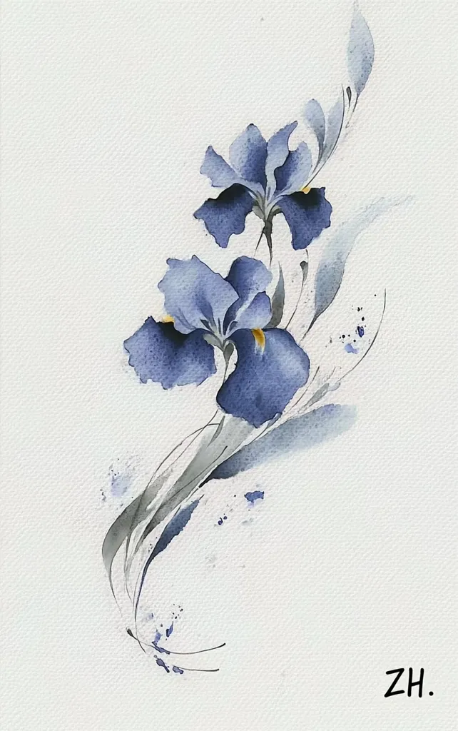 The image is a watercolor painting of two blue irises. The flowers are painted in a loose and flowing style, with soft edges and delicate brushstrokes. The background is a light wash of blue, which gives the impression of a misty or dreamy atmosphere. The overall effect is serene and ethereal. The artist's signature, "ZH.", appears in the bottom right corner.