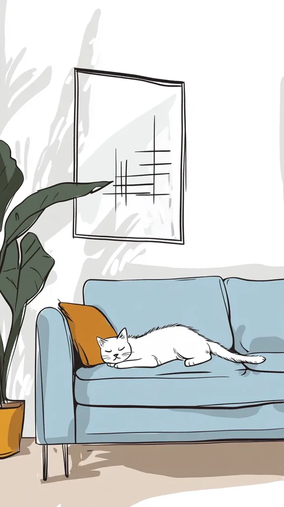 A white cat is sleeping on a blue couch with a  orange pillow. A houseplant is in the corner and there is a framed picture on the wall. The drawing is done in a simple style, using mostly black lines and a few colors. The image conveys a sense of peace and tranquility.