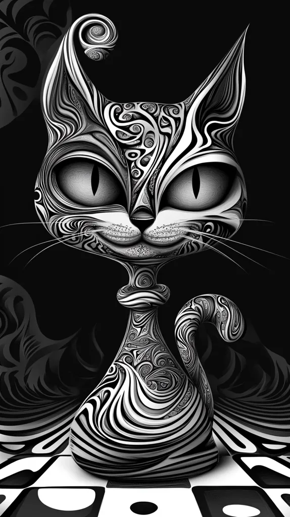 A black and white illustration of a stylized cat, with swirling, fractal patterns covering its body. The cat has large, expressive eyes and a sly smile. It is standing on a checkered floor, perhaps a chessboard. The image suggests an intricate, almost surreal world.