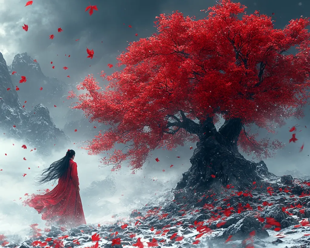 A woman in a red dress stands before a large, vibrant red tree in a snowy, mountainous landscape. The wind whips her hair and dress, scattering red leaves across the ground. The scene is serene and mystical, with a hint of melancholy. The contrasting colors of red and white create a striking visual effect, while the falling leaves add a touch of ethereal beauty. The image evokes a sense of solitude and wonder.