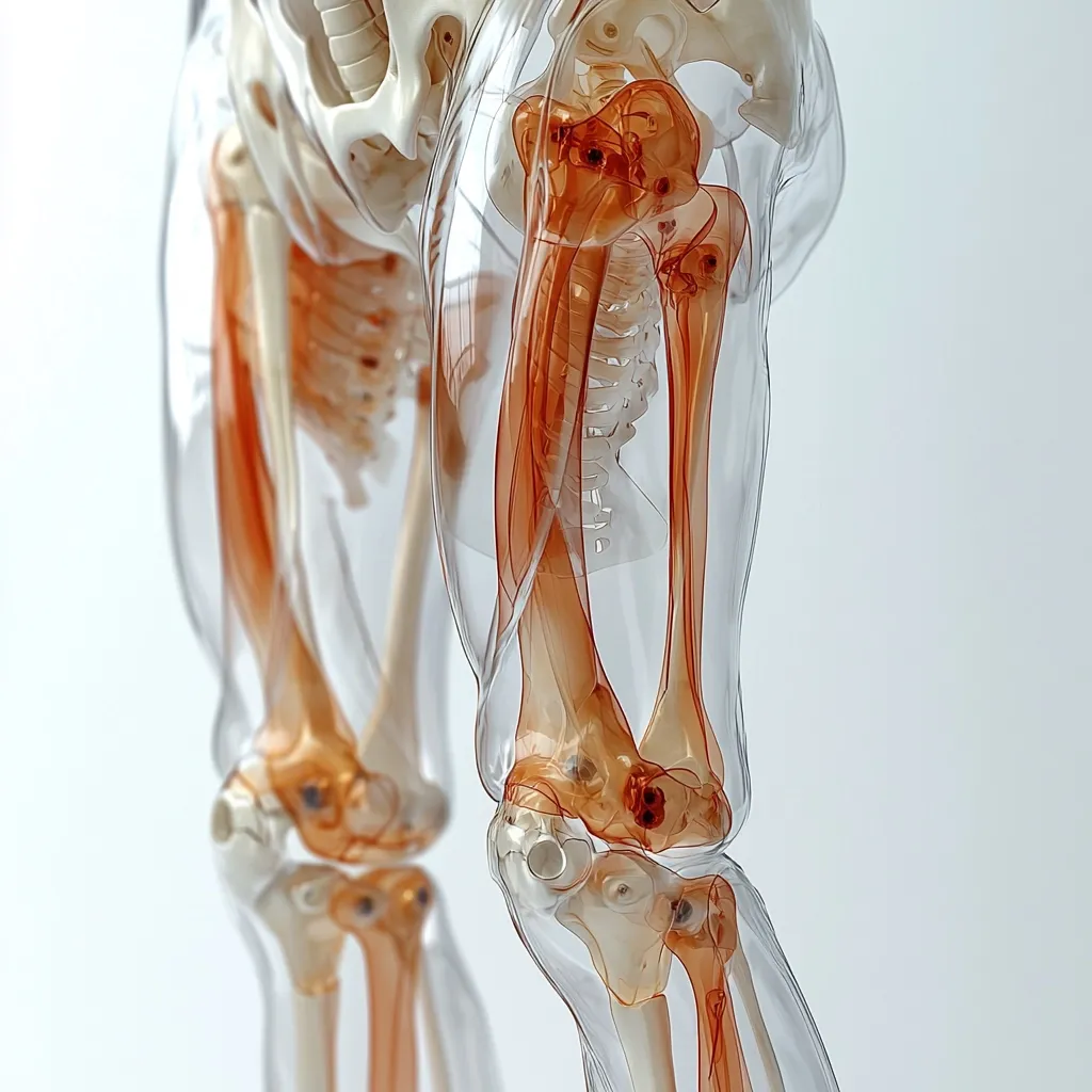The image shows a close-up of a transparent human model, focusing on the lower legs and knees. The skeletal structure is visible, with the bones and joints clearly defined.  Muscles are depicted in a translucent orange hue, highlighting their attachment points and the intricate network of the human body. The model is set against a white background, enhancing the clarity of the anatomical details.