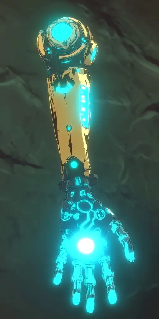 A golden robotic arm with glowing blue lights extends from the top of the frame. It has a complex design, with intricate details and a circular device at the top.  The hand at the end is open, with each finger glowing blue. The background is a dark, greenish-blue, with faint shadows and textures. The image has a futuristic and otherworldly aesthetic.