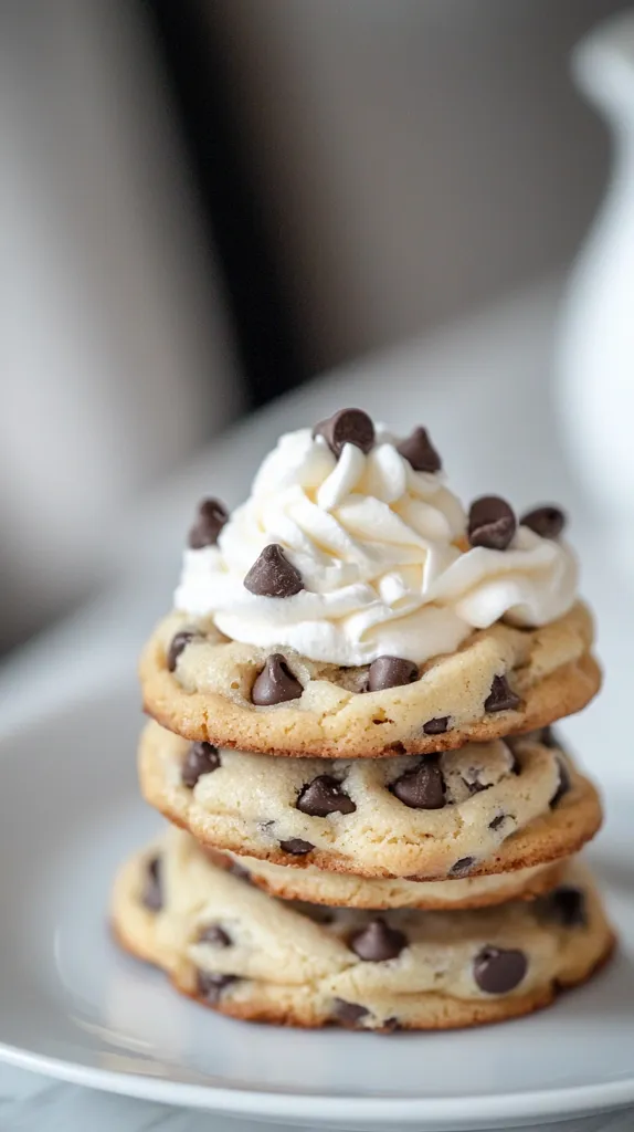 A stack of three chocolate chip cookies topped with a dollop of whipped cream. The cookies are golden brown and the chocolate chips are visible throughout. The whipped cream is fluffy and white, adding a sweet and creamy touch to the treat.  The cookies are resting on a white plate, ready to be enjoyed.