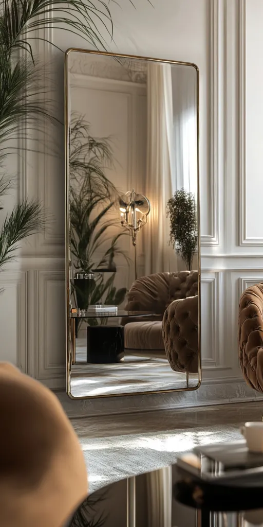 A large, gold-framed mirror reflects a luxurious living room. A brown tufted armchair sits in front of a coffee table with a book on top. A tall floor lamp with multiple bulbs illuminates the space. The mirror's reflection creates a sense of depth and grandeur. The room is decorated with elegant details, creating a refined and stylish atmosphere.