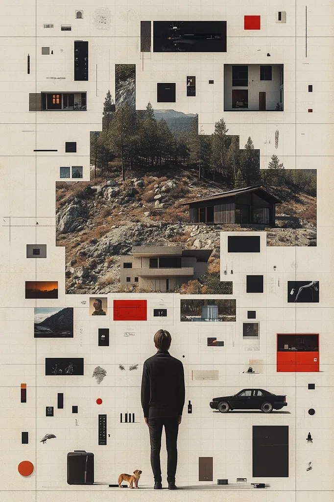 A man stands in front of a wall covered in a grid of images.  The images are in various shapes and sizes and depict scenes from nature, urban life, and interiors.  A small dog sits beside the man.  The wall is a subtle tan color and the images are all in black and white with a few splashes of red.  The man is wearing black clothing and is looking off to the side.  The overall effect is one of calm and contemplation.