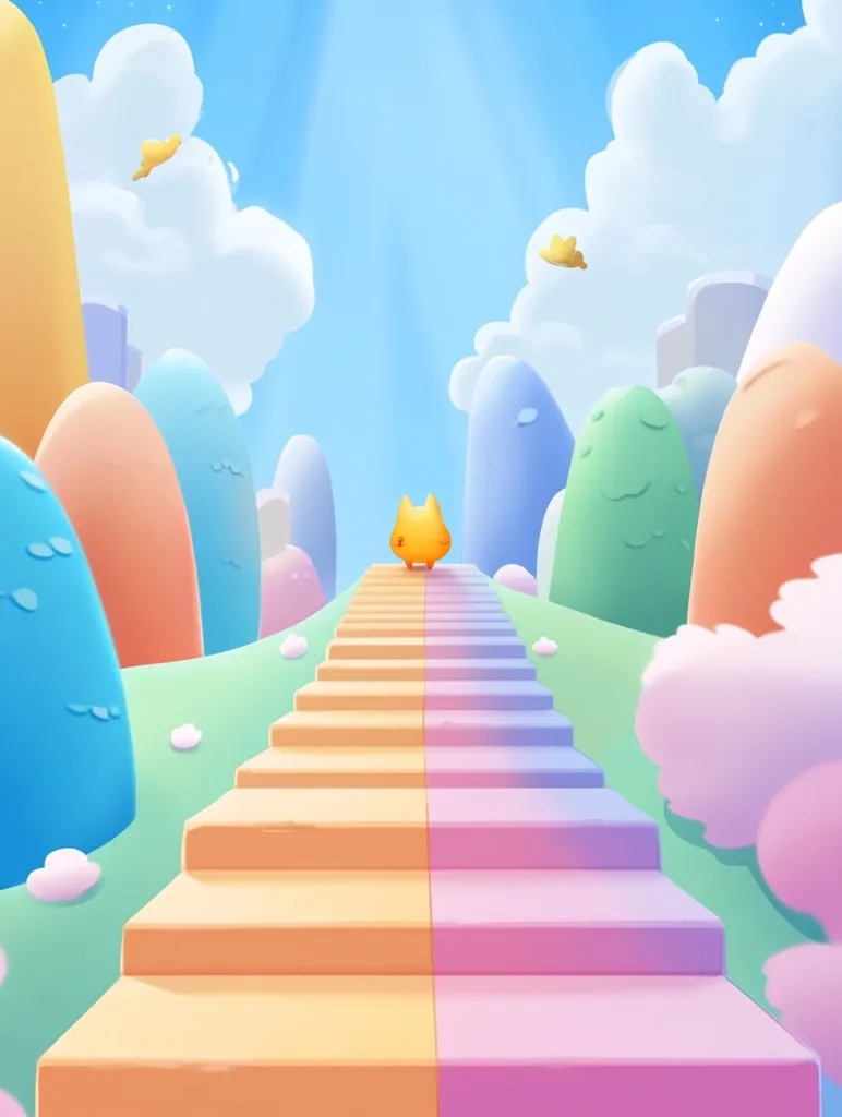 The image depicts a whimsical landscape with a staircase leading upwards. The staircase is split in two, one side is orange, and the other is pink, each side seemingly leading to a different destination.  The background features pastel-colored, rounded hills, fluffy clouds, and a light blue sky. At the top of the staircase, a small yellow creature stands, looking ahead to the unknown. The overall scene is inviting and playful, evoking a sense of childlike wonder and a journey of discovery.