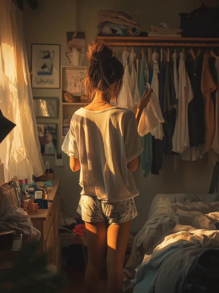 A young woman with long brown hair pulled back in a bun stands in a bedroom, facing away from the camera.  She's wearing a loose white t-shirt and floral shorts. She's holding a white garment in her hand as she looks at clothes hanging in a closet. The room is bathed in warm sunlight streaming in from a window. The bed is unmade and a dresser is filled with various items.  The scene feels casual and intimate.