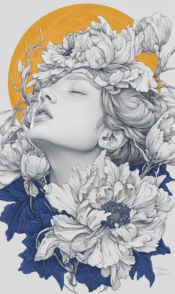 A detailed, pen and ink drawing of a woman's face surrounded by white flowers. The woman's eyes are closed, and she appears to be sleeping or in a state of tranquility.  Behind her is a large yellow circle, suggesting a setting sun or moon. The flowers have intricate details and appear delicate and soft. The background is a simple white, allowing the woman and flowers to stand out.