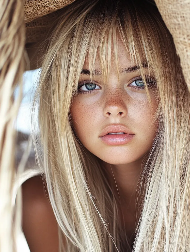A young woman with long, blonde hair and bangs gazes directly at the camera. The light catches her fair skin, highlighting her freckles. She has a soft, gentle expression with her lips slightly parted.  She is partially obscured by a brown object, perhaps a hat or piece of fabric, which adds a sense of mystery.  Her look is both inviting and slightly enigmatic.