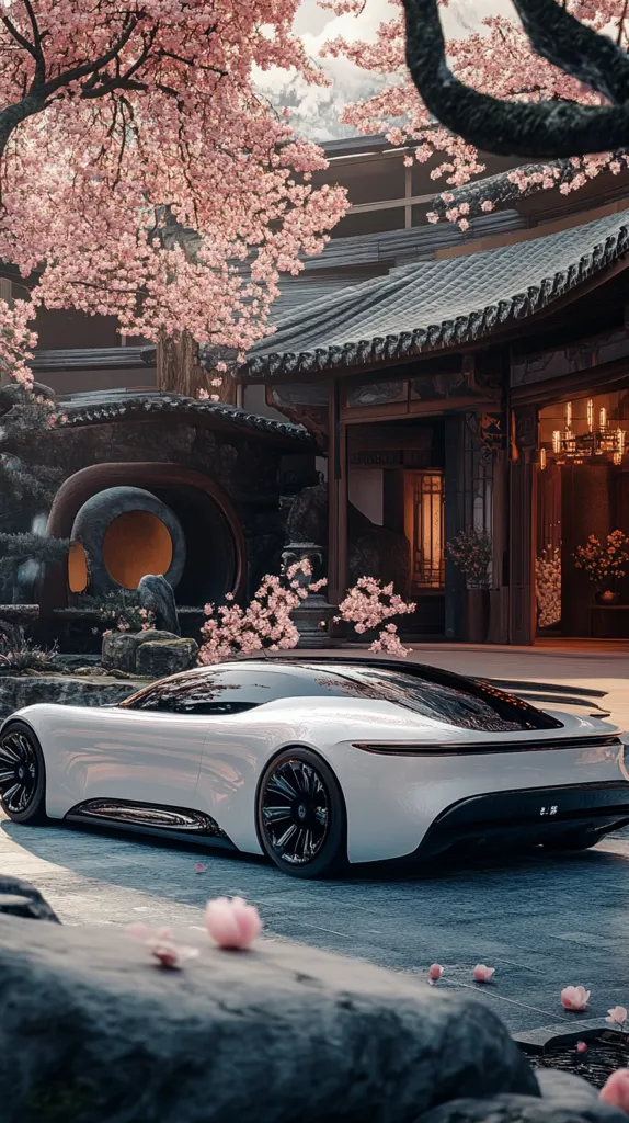 A pristine white sports car sits in front of a traditional Asian building adorned with intricate details.  A cherry blossom tree branches overhead, showering the car with delicate pink petals. The scene exudes an air of tranquility and understated luxury, blending modern design with ancient architecture.