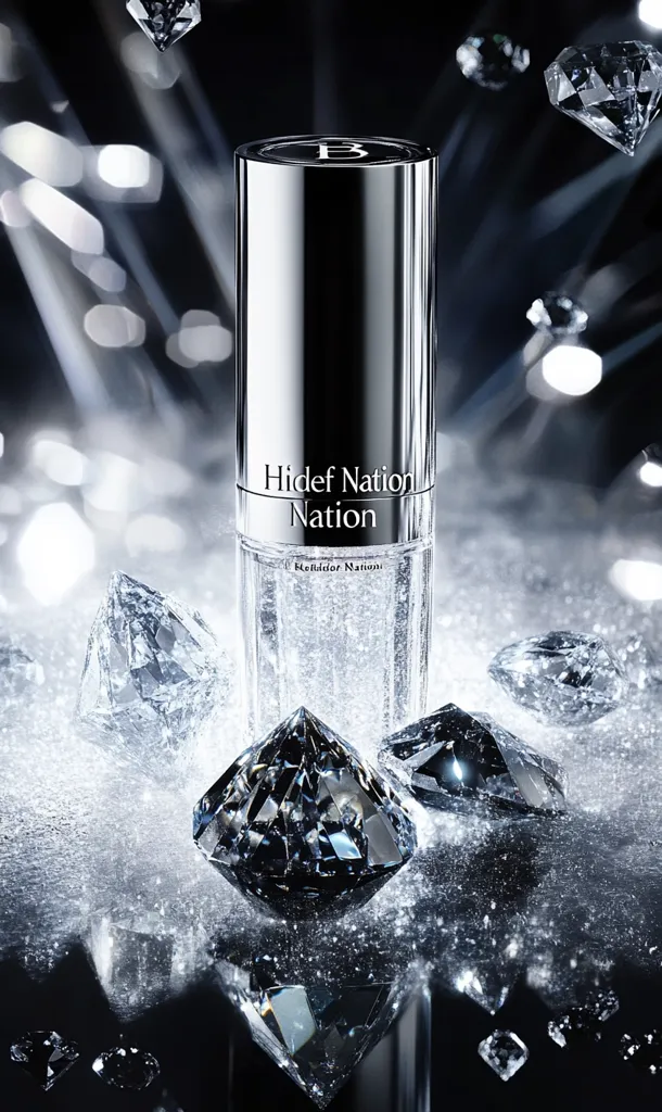 A silver bottle of "Hidef Nation Nation" serum sits on a bed of sparkling diamonds. The bottle is sleek and modern, with a clean, minimalist design. The diamonds are large and faceted, reflecting the light in a dazzling display. The overall image is luxurious and elegant, suggesting a high-end beauty product. The black background adds a sense of mystery and sophistication.