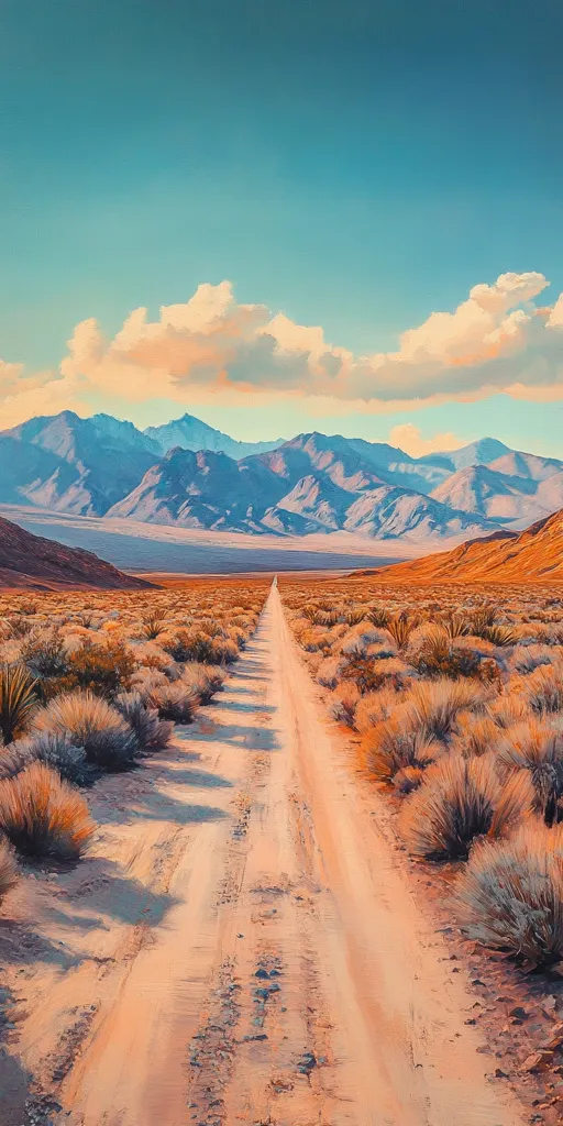 A dusty, winding road cuts through a vast desert landscape. The road leads towards a majestic mountain range in the distance. The sky is a vibrant blue, dotted with fluffy white clouds. The scene is peaceful and serene, inviting you to explore the unknown. The light filtering through the clouds creates a soft glow on the landscape.