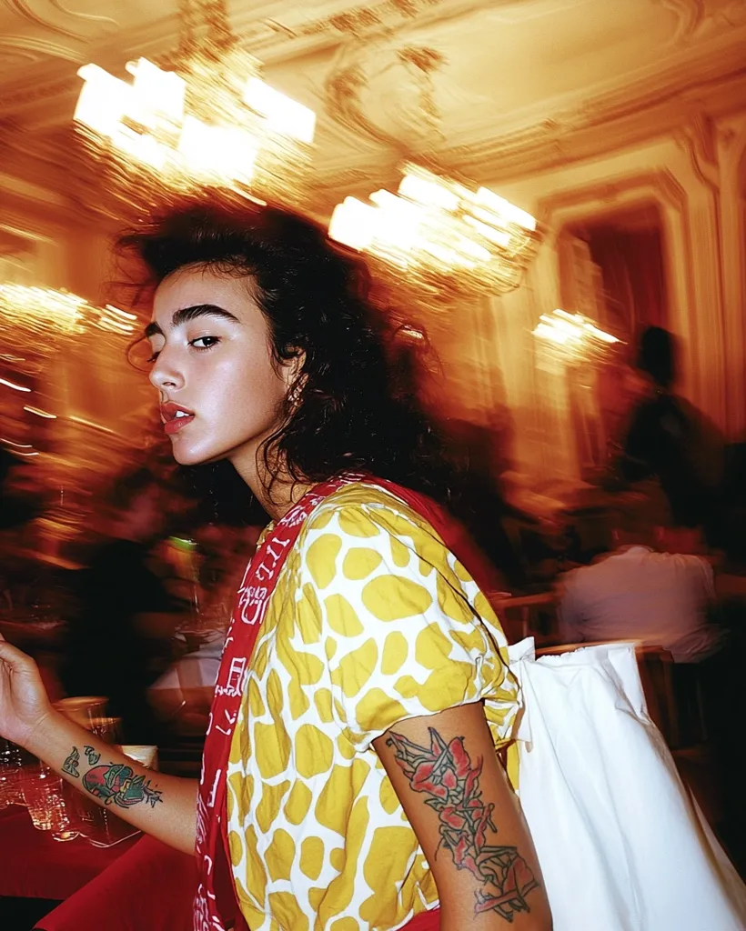 A young woman with dark curly hair is wearing a yellow and white patterned shirt. She has a flower tattoo on her arm and is looking off to the side.  The background is blurred and out of focus, but you can see a large chandelier and other people. The lighting is warm and inviting. The photo has a vintage feel.