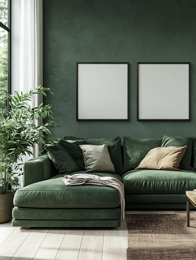 A modern living room with a large green sectional sofa and two square black framed pictures on a dark green wall.  The sofa has a throw blanket and pillows.  A green potted plant sits in the corner next to a white window with white curtains.  There is a brown rug on the white wood floor.