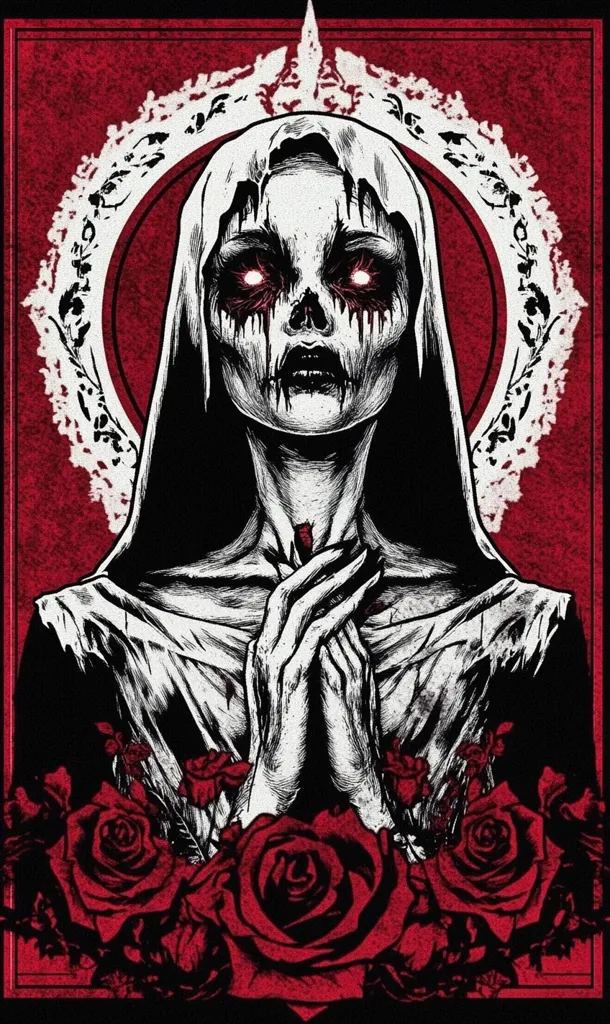 The image depicts a ghoulish, skeletal figure dressed in a white robe, possibly a nun, with a horrifying, decaying face. Red, bloodshot eyes pierce through the darkness. Her hands are clasped in prayer, and a single red rose blooms from her chest. She stands against a backdrop of a red, circular halo with a black, lacy frame, surrounded by red roses with black stems. The image has a dark, gothic aesthetic, suggesting themes of death, religion, and horror.